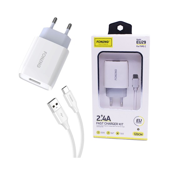 Carregador Rápido Foneng EU29 com Cabo Tipo-C 1USB 2,4A Branco